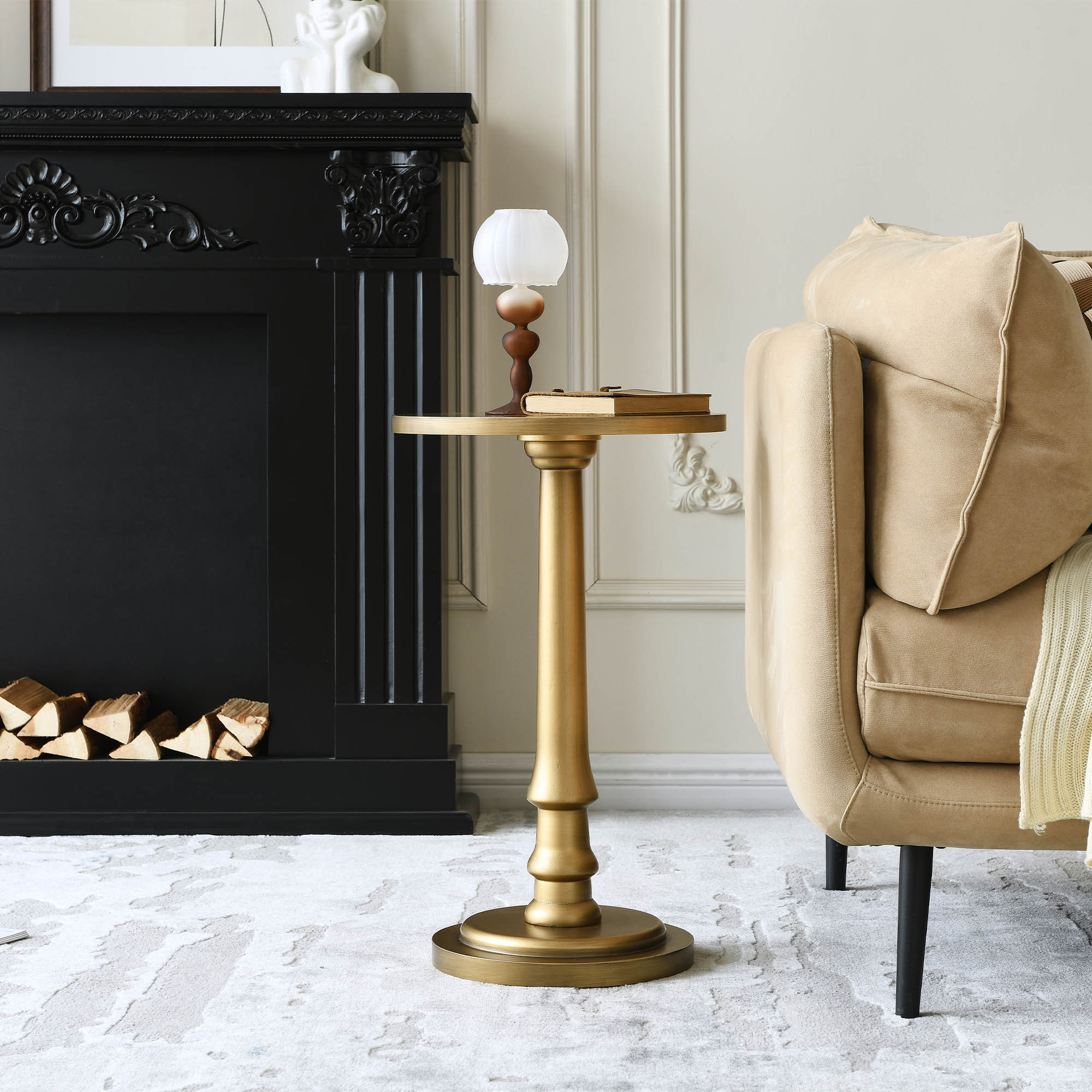 Mercer41 Tasheyana 22.7" Tall Wood Round Gold Pedestal End Table